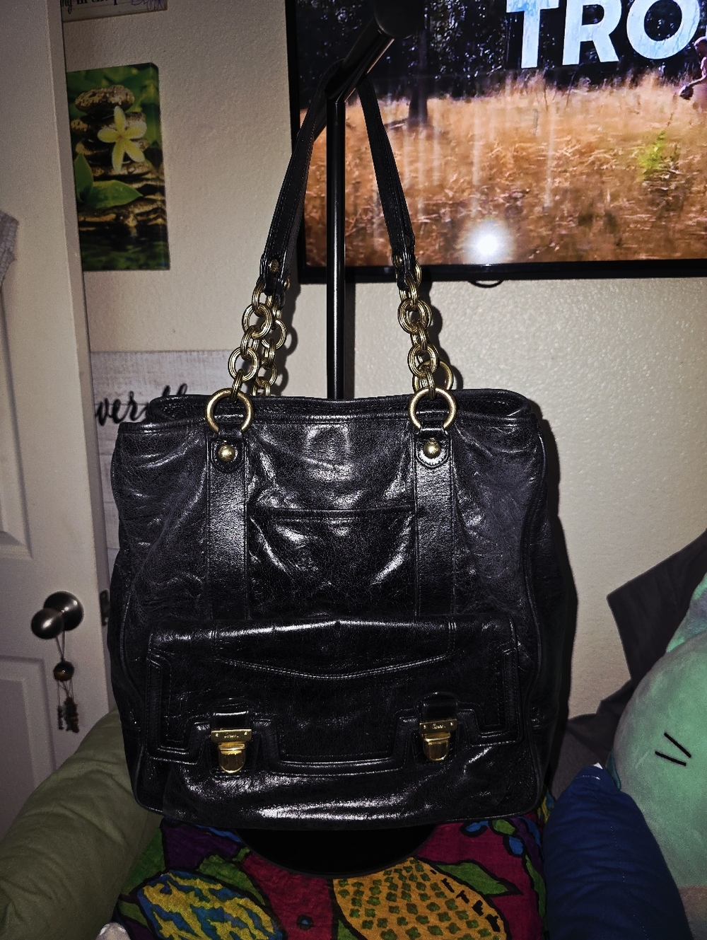 Coach Black Leather Poppy Camelia Tote Bag W/ Gold Chain Hardware